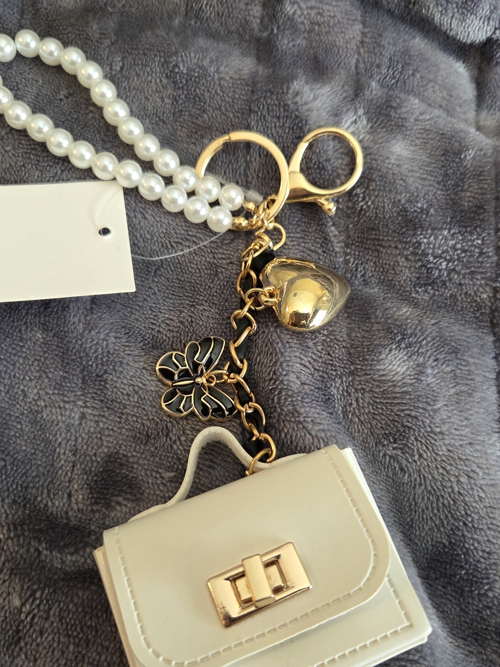 BCBG Cream Mini Purse Keychain with Pearl Strap & Gold Accents